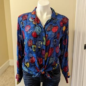 Vintage Chico's blue Chinese print silk mix button down top size medium